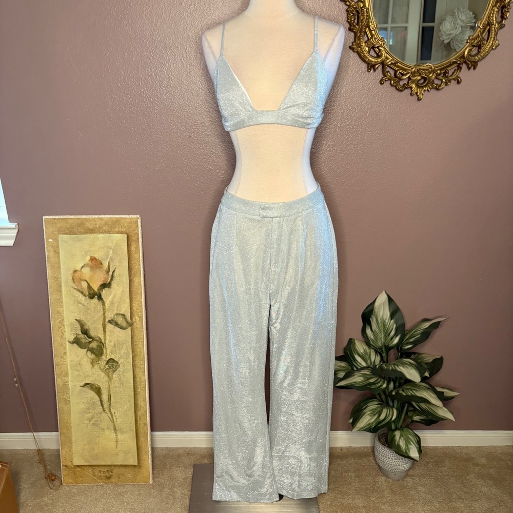 Silver Glitter Party 2pc Set Bralette &‎ Pants L